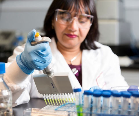 A female researcher working in a lab 