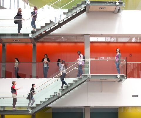 Students walking on building stairs