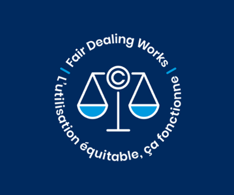 Illustration of the scales of justice with a copyright symbol in the middle and surrounded by the text "Fair Dealing Works".