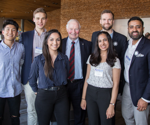 The Right Honourable David Johnston with young participants at the Western Canada Young Entrepreneur Showcase.